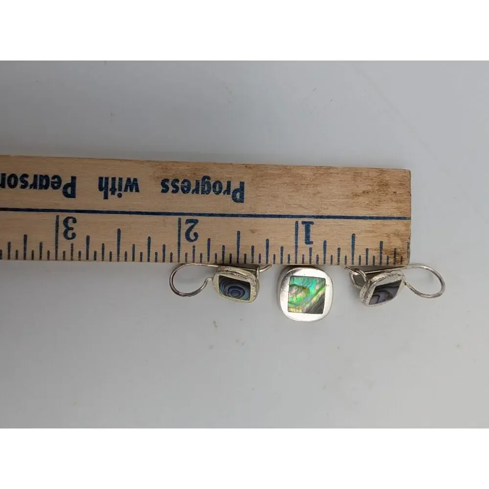 Vintage Sterling Silver Abalone Square Shaped Earring & Pendant Set